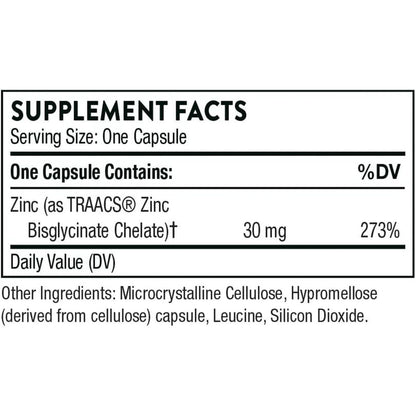 Thorne Zinc Bisglycinate 30Mg - Daily Support for Skin, Eye & Immune System Health with Zinc Supplement Capsules - 60 Capsules