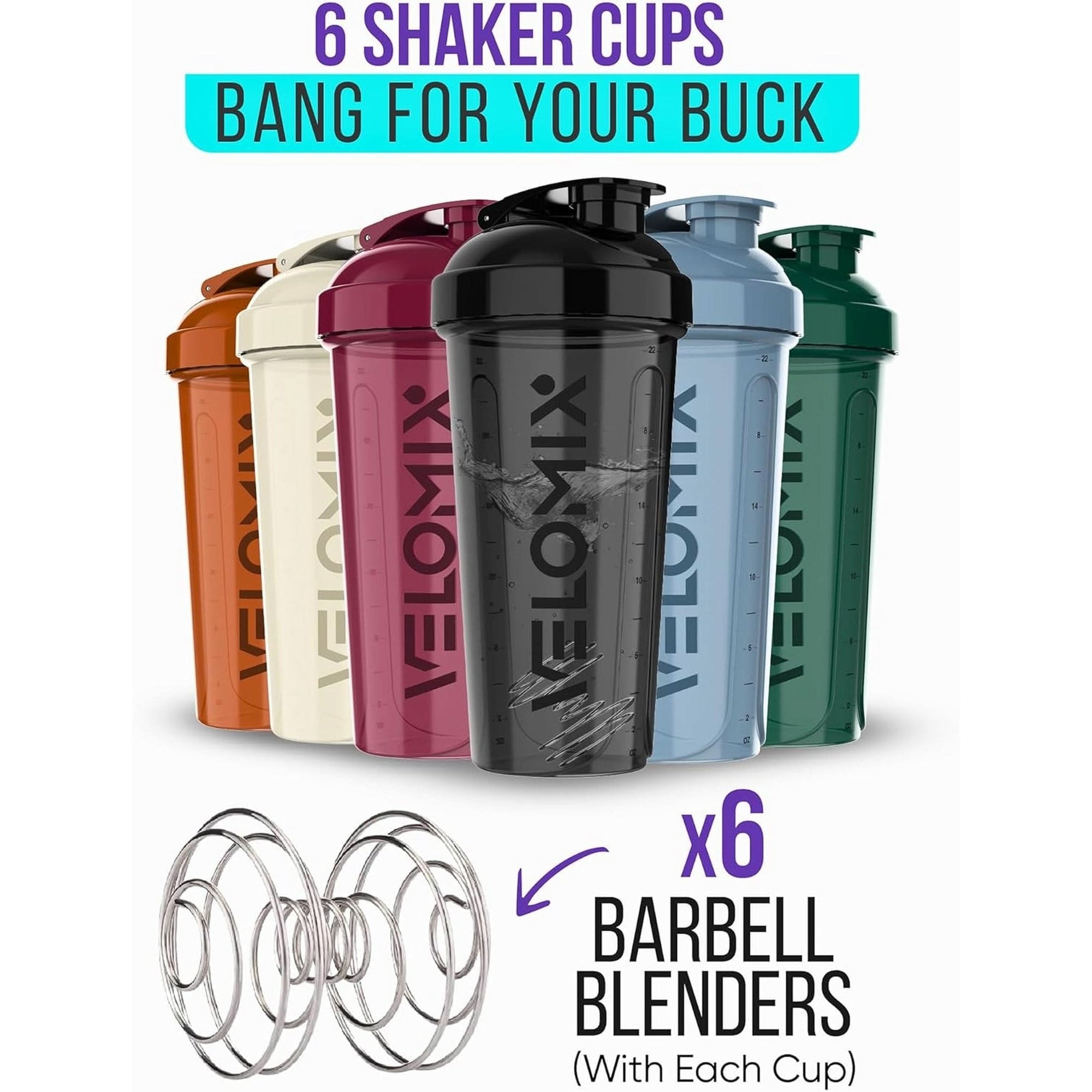 -6 PACK- Shaker Cups for Protein Shakes 28 Oz - 6X Wire Whisk | Leak Proof Protein Shaker Bottle for Protein Shakes, Shaker Bottle Pack for Pre & Post Workout, Shaker Cup, Shaker Bottle Cups