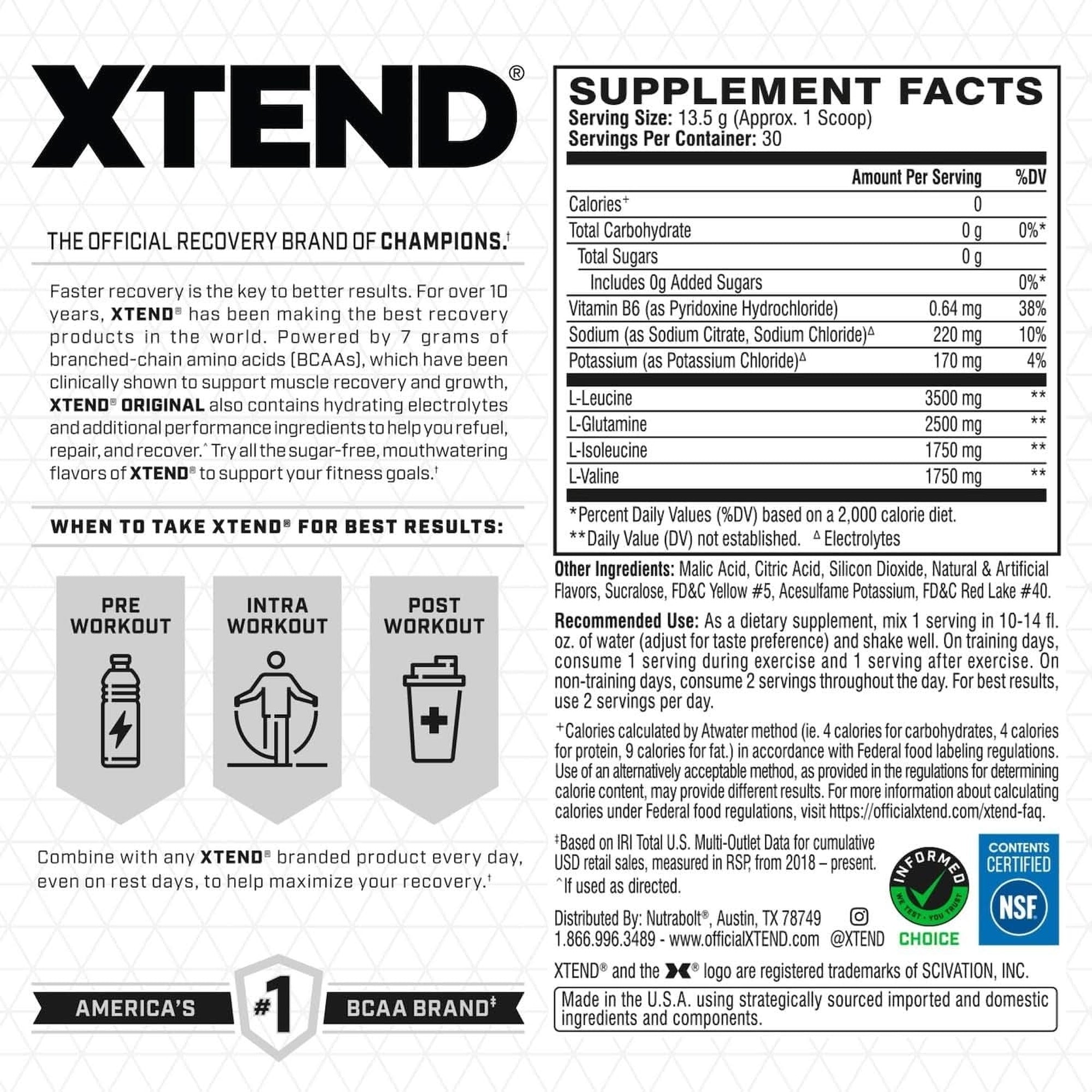 Xtend XTEND Original BCAA Powder 7G BCAA and 2.5G L-Glutamine, Sugar Free Post Workout Muscle Recovery Drink with Amino Acids for Men & Women, 30 Servings