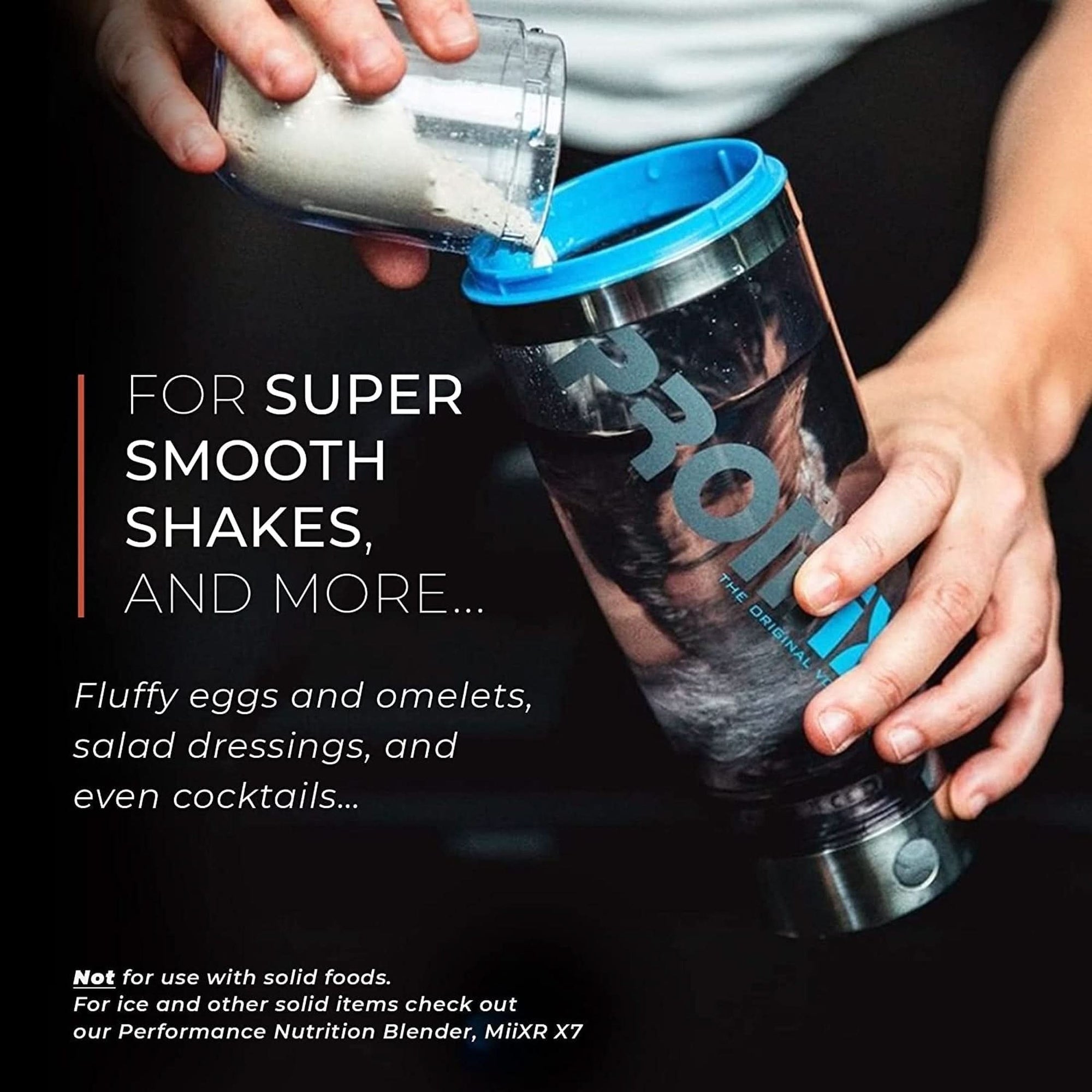 Promixx Pro Shaker Bottle Ix-R Edition | Rechargeable, Powerful for Smooth Protein Shakes | Includes Supplement Storage - BPA Free | 20Oz Cup Silver Blue/Gray