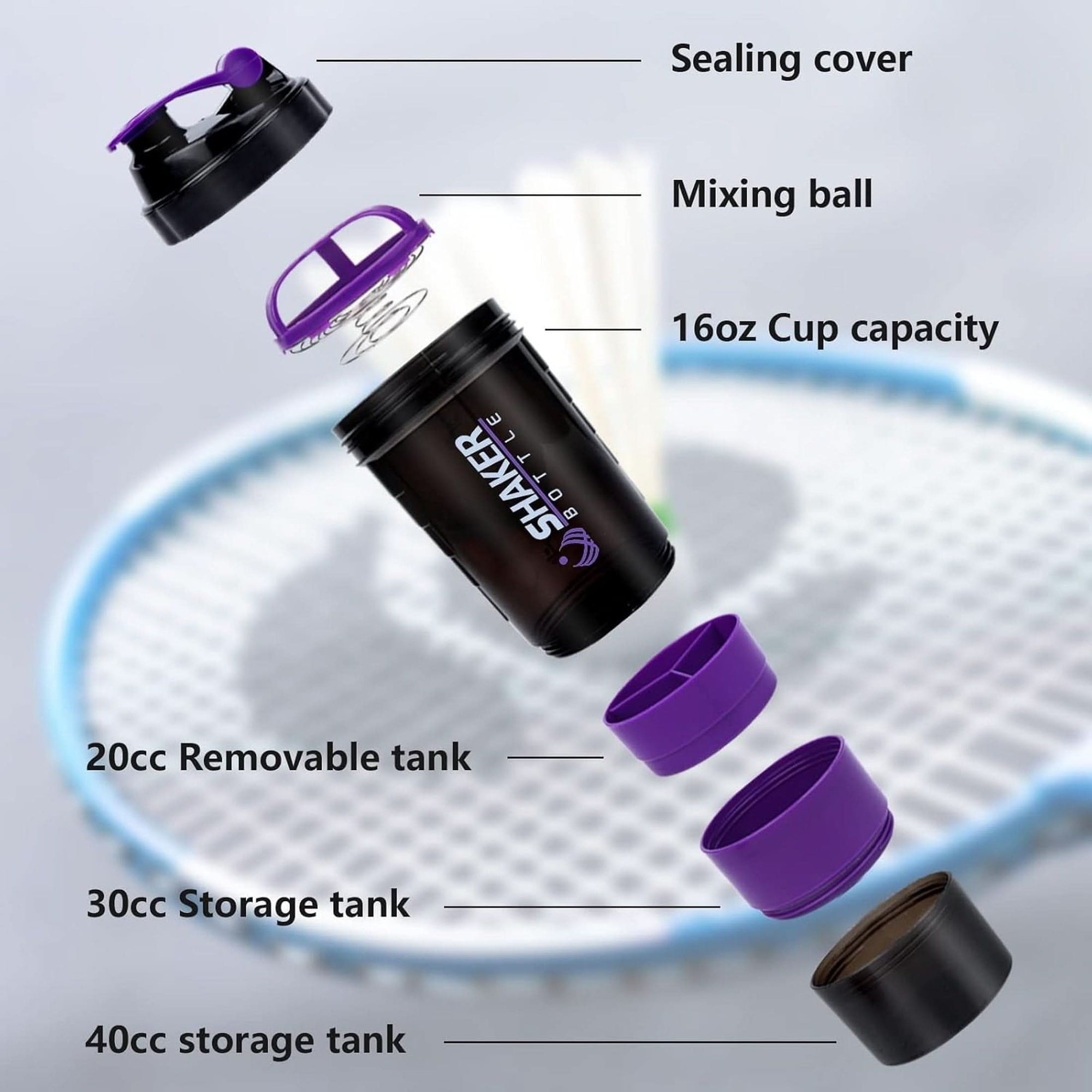 Shaker Bottle Protein Shaker Bottles with Storage and Mix Ball, 16OZ Sports Water Bottle with Pill Organizer,Leak Proof Portable Shaker Bottles for Protein Mixes and Pre Work Out,Bpa Free Purple