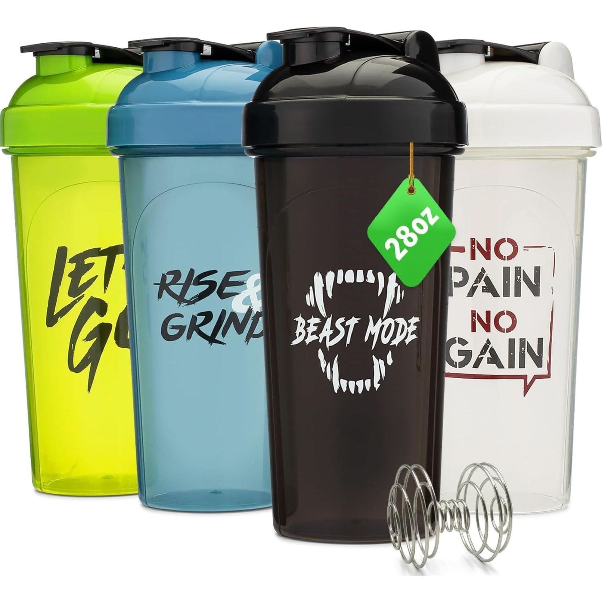 GOMOYO 4 Pack 28Oz Shaker Bottle with Motivational Quotes Black, White, Silver, Gold |Protein Bottle with 4X Wire Mixers | Shaker Bottle for Protein Mixes Pack Is BPA Free and Dishwasher Safe