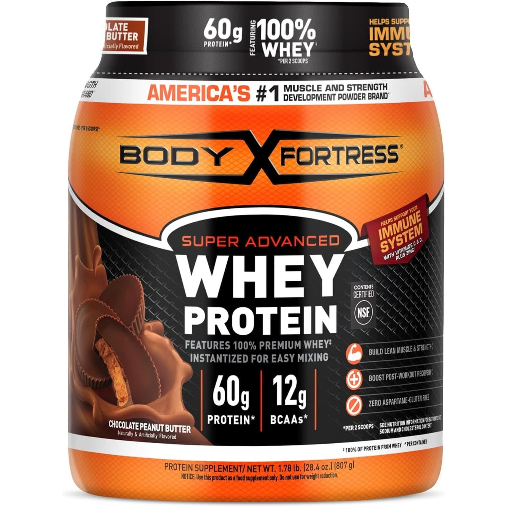 Body Fortress Super Advanced Whey Protein Powder, Strawberry, 60G Protein & 12G Bcaas per 2 Scoops, Muscle Gain & Recovery, Immune Support with Vitamins C & D, 1.78Lb (Packaging May Vary)