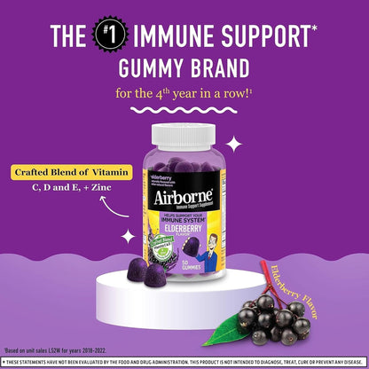 Airborne Elderberry + Zinc & Vitamin C Gummies for Adults, Immune Support Vitamin D & Zinc Gummies with Powerful Antioxidant Vitamins C D & E - 50 Gummies, Elderberry Flavor