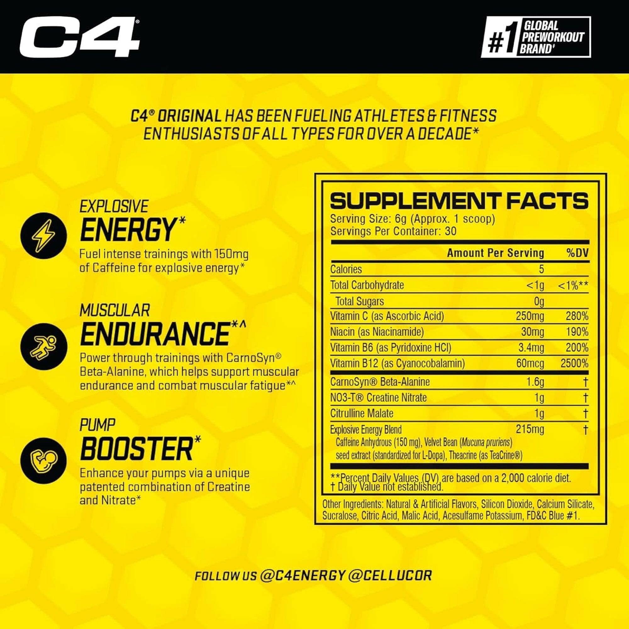 Cellucor C4 Original Pre Workout Powder ICY Blue Razz - Vitamin C for Immune Support - Sugar Free Preworkout Energy for Men & Women - 150Mg Caffeine plus Beta Alanine plus Creatine - 30 Servings