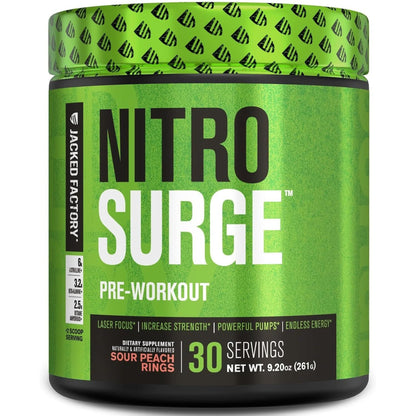 Jacked Factory NITROSURGE Pre Workout Supplement - Endless Energy, Instant Strength Gains, Clear Focus, Intense Pumps - NO Booster & Powerful Preworkout Energy Powder - 30 Servings, Arctic White