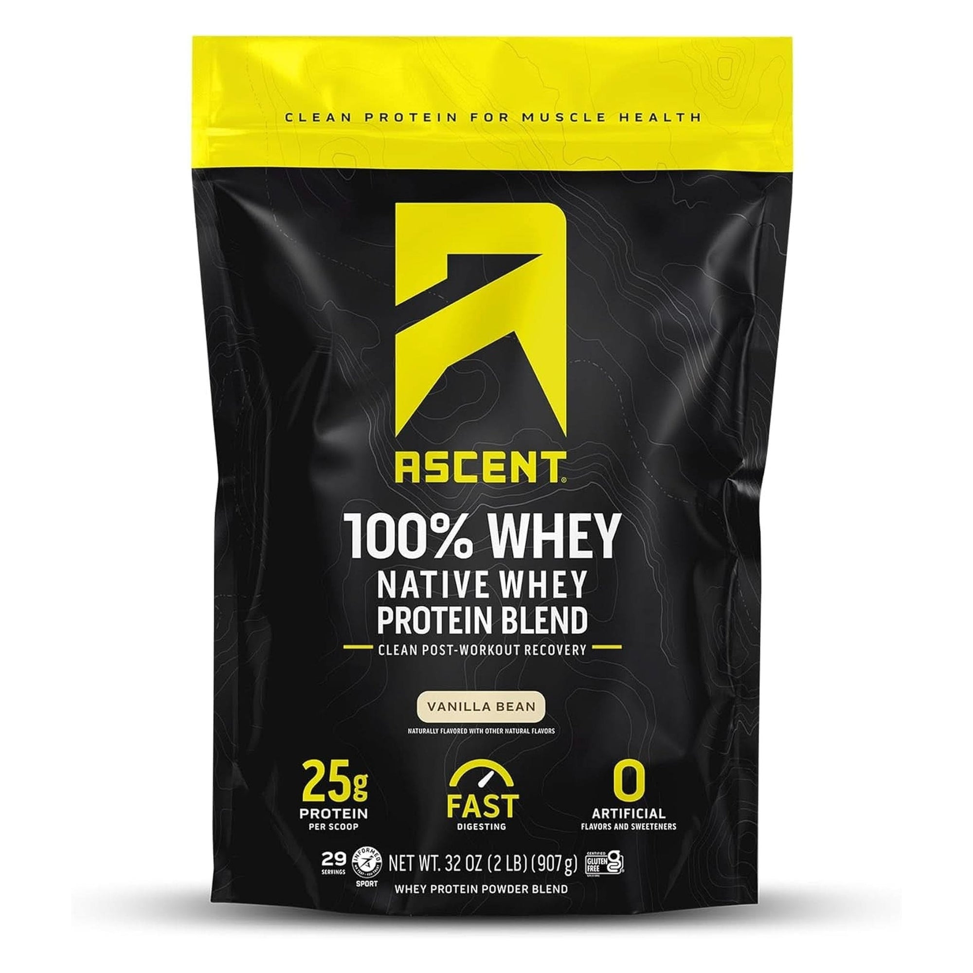 Ascent 100% Whey Protein Powder - Post Workout Whey Protein Isolate, Zero Artificial Flavors & Sweeteners, Soy & Gluten Free, 5.5G BCAA, 2.6G Leucine, Essential Amino Acids, Vanilla Bean 2 Lb