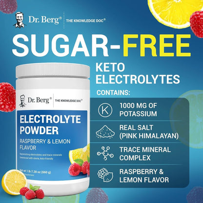 Dr. Berg Zero Sugar Hydration Keto Electrolyte Powder - Enhanced W/ 1000 Mg of Potassium & Real Pink Himalayan Salt (NOT Table Salt) - Raspberry & Lemon Flavor Hydration Drink Supplement, 100 Servings