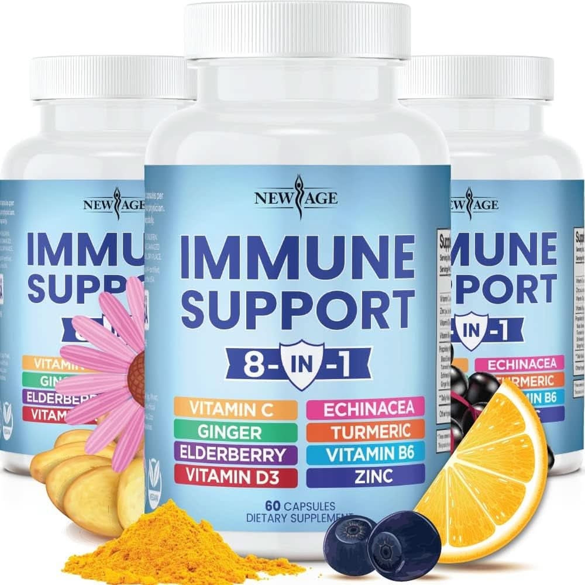 8 in 1 Immune Support Booster Supplement with Echinacea, Vitamin C and Zinc 50Mg, Vitamin D 5000 IU, Turmeric Curcumin & Ginger, B6, Elderberry 120 Count (Pack of 2)