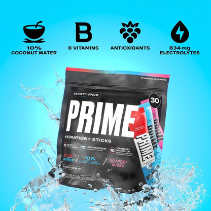 PRIME HYDRATION+ Sticks VARIETY PACK | Hydration Powder Single Serve Sticks | Electrolyte Powder on the Go | Low Sugar | Caffeine-Free | Vegan | 30 Sticks