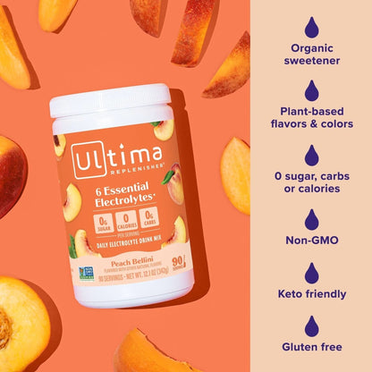 Ultima Replenisher Mocktini Electrolyte Drink Mix – Peach Bellini, 90 Servings – Hydration Powder with 6 Key Electrolytes & Trace Minerals – Keto Friendly, Non- GMO & Sugar-Free Electrolyte Powder