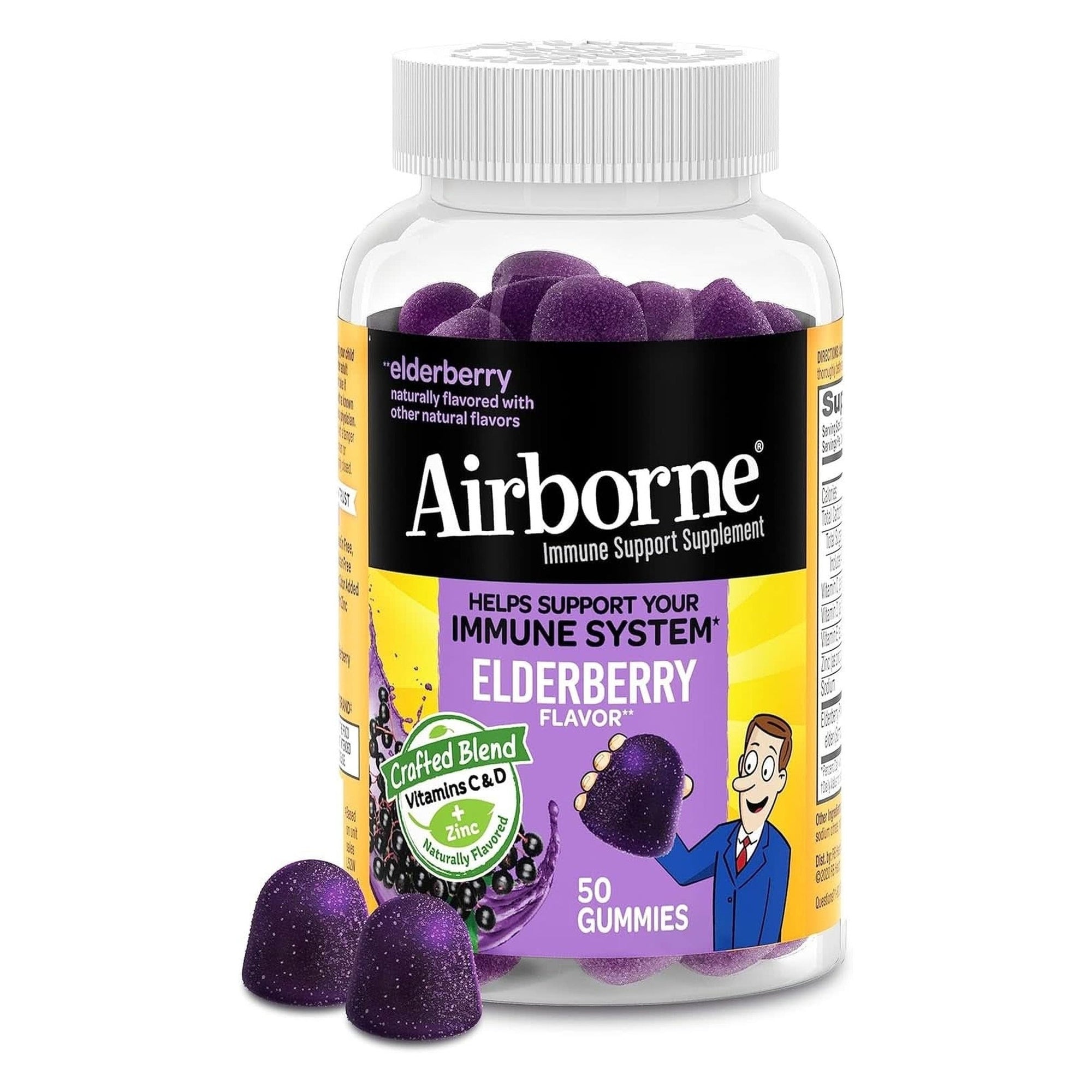 Airborne Elderberry + Zinc & Vitamin C Gummies for Adults, Immune Support Vitamin D & Zinc Gummies with Powerful Antioxidant Vitamins C D & E - 50 Gummies, Elderberry Flavor