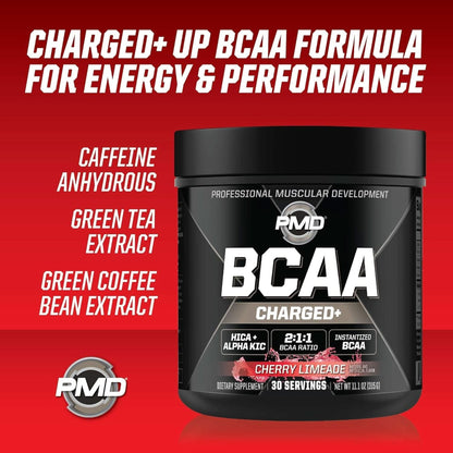 PMD Sports BCAA Charged Delicious Amino Acid Drink Mix for Performance, Recovery, Endurance and Hydration - Increase Muscle Function for Workout and Daily Energy – Cherry Limeade (30 Servings)