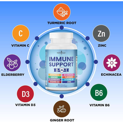 8 in 1 Immune Support Booster Supplement with Echinacea, Vitamin C and Zinc 50Mg, Vitamin D 5000 IU, Turmeric Curcumin & Ginger, B6, Elderberry 120 Count (Pack of 2)