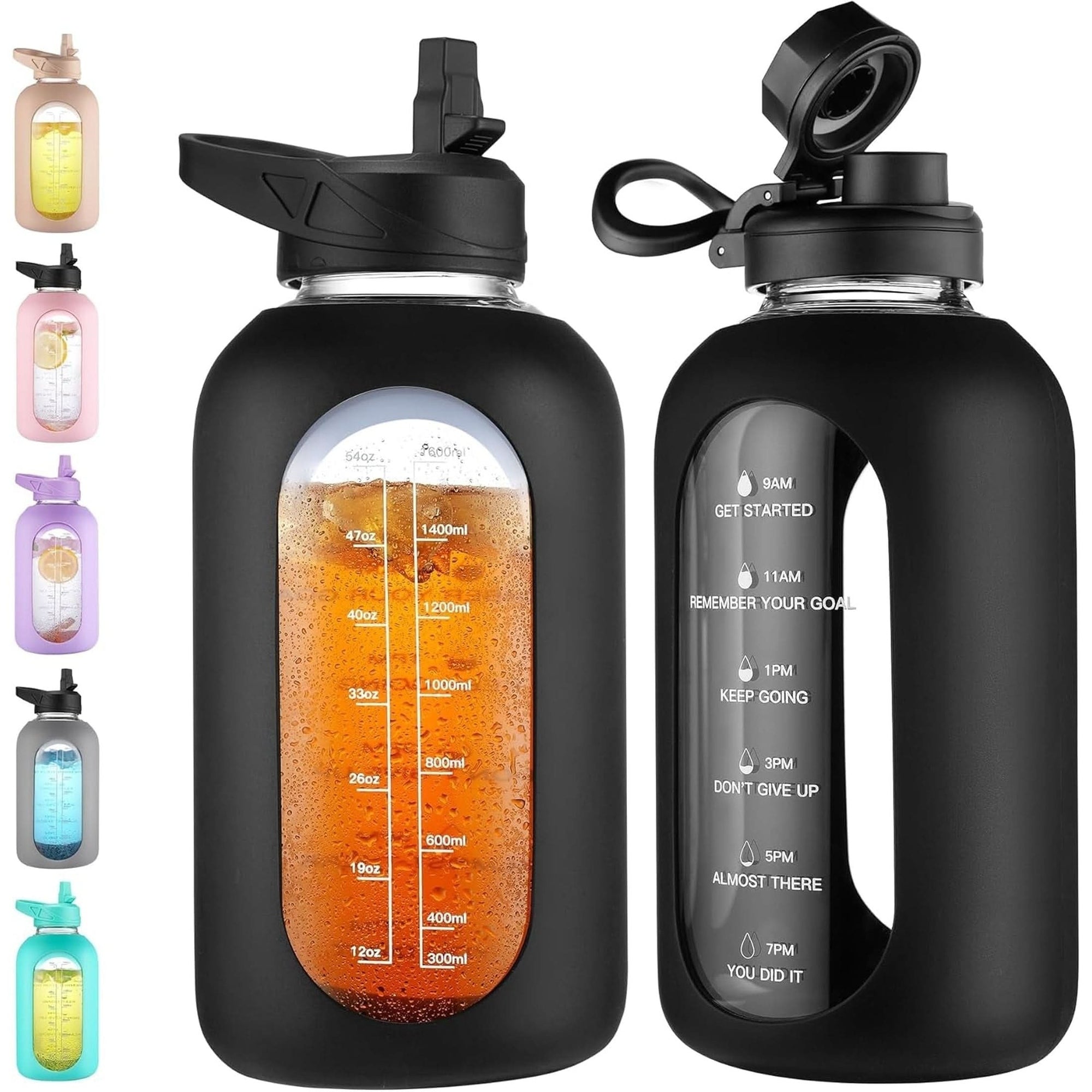 CIVAGO 32 Oz Glass Water Bottle with Straw and Handle, Large Sports Motivational Water Bottle Flask with Time Marker and 2 Lids, Leakproof Water Jug Canteen with Silicone Sleeve for Gym,Black