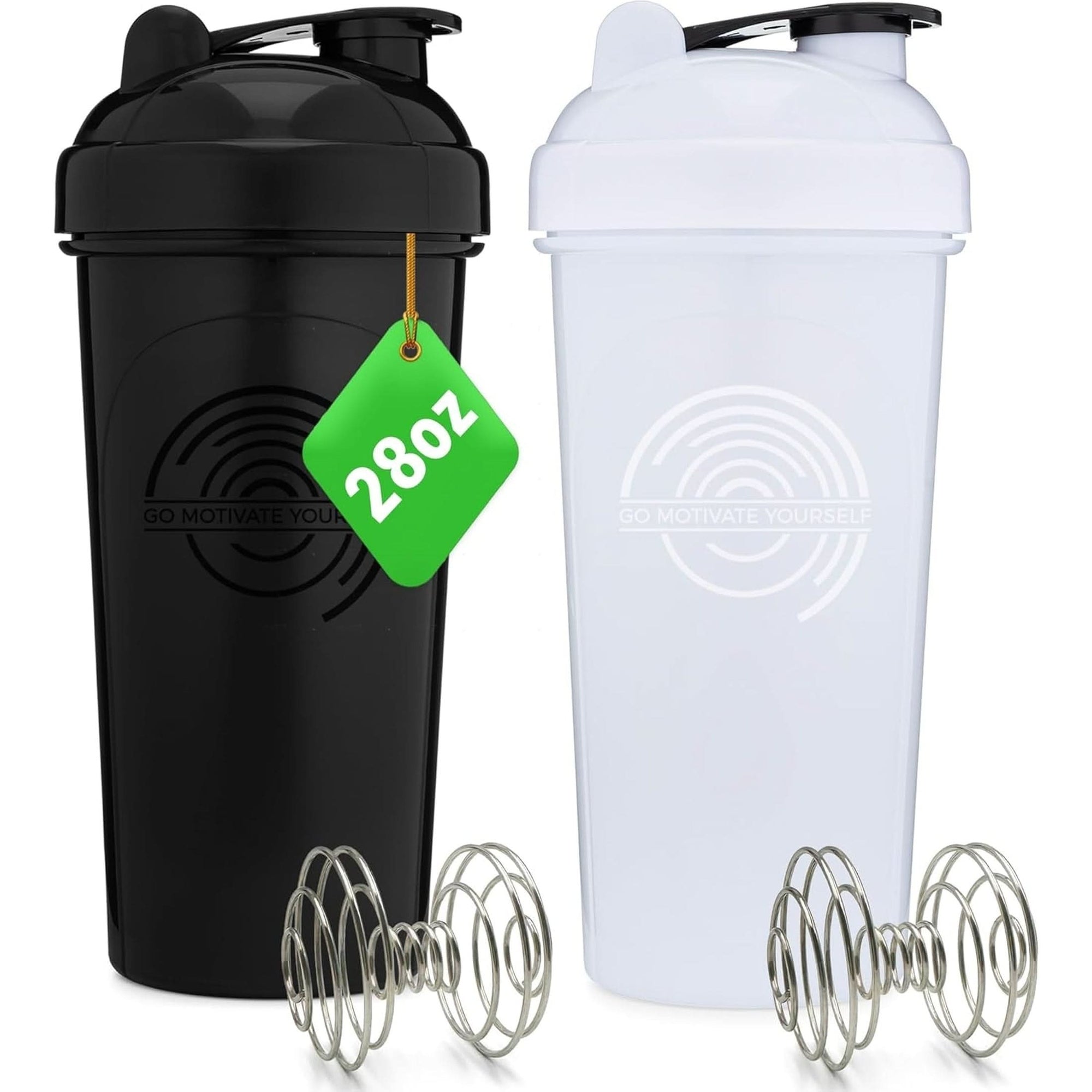 GOMOYO 2-Pack - 28-Ounce Shaker Bottle White, Black , Blender Protein Shaker Whisk, Bulk Protein Drink and Pre-Workout Shaker Cups, Dishwasher Safe & BPA Free