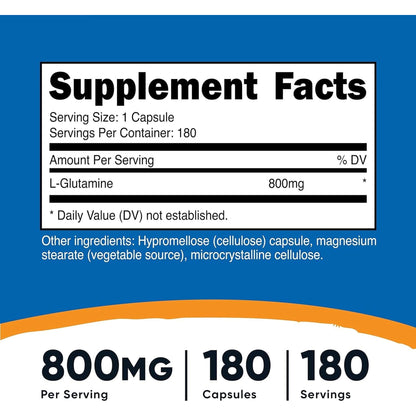 Nutricost L-Glutamine 800Mg, 180 Capsules - Gluten Free, Non-Gmo