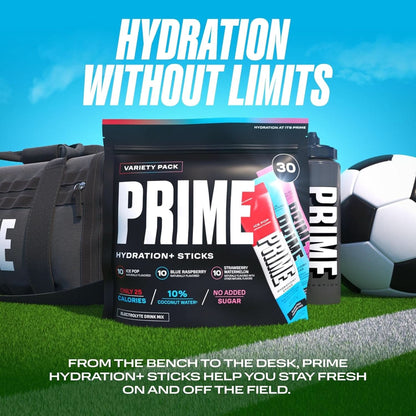 PRIME HYDRATION+ Sticks VARIETY PACK | Hydration Powder Single Serve Sticks | Electrolyte Powder on the Go | Low Sugar | Caffeine-Free | Vegan | 30 Sticks