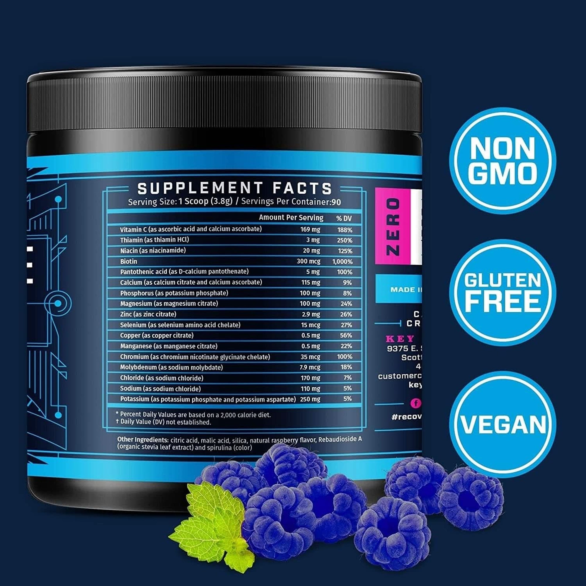 KEY NUTRIENTS Multivitamin Electrolytes Powder No Sugar - Sweet Blue Raspberry Electrolyte Powder - Endurance & Energy Supplement - Hydration Powder - No Calories - 90 Servings - Made in USA