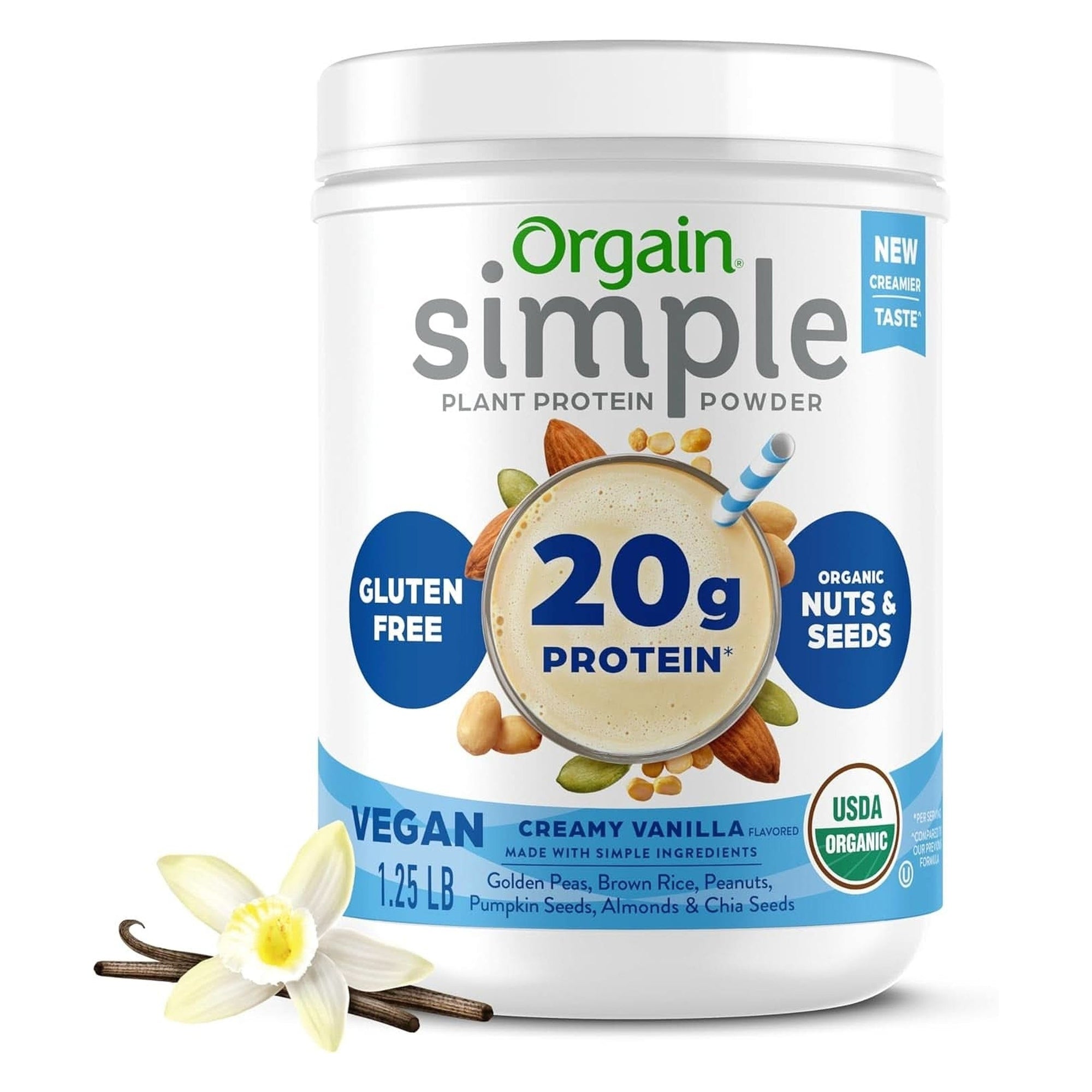 Orgain Organic Simple Vegan Protein Powder, Vanilla - 20G Plant Based Protein, with Less Ingredients, No Artificial Sweeteners, Gluten Free, No Lactose Ingredients, 1.25 Lb (Packaging May Vary)