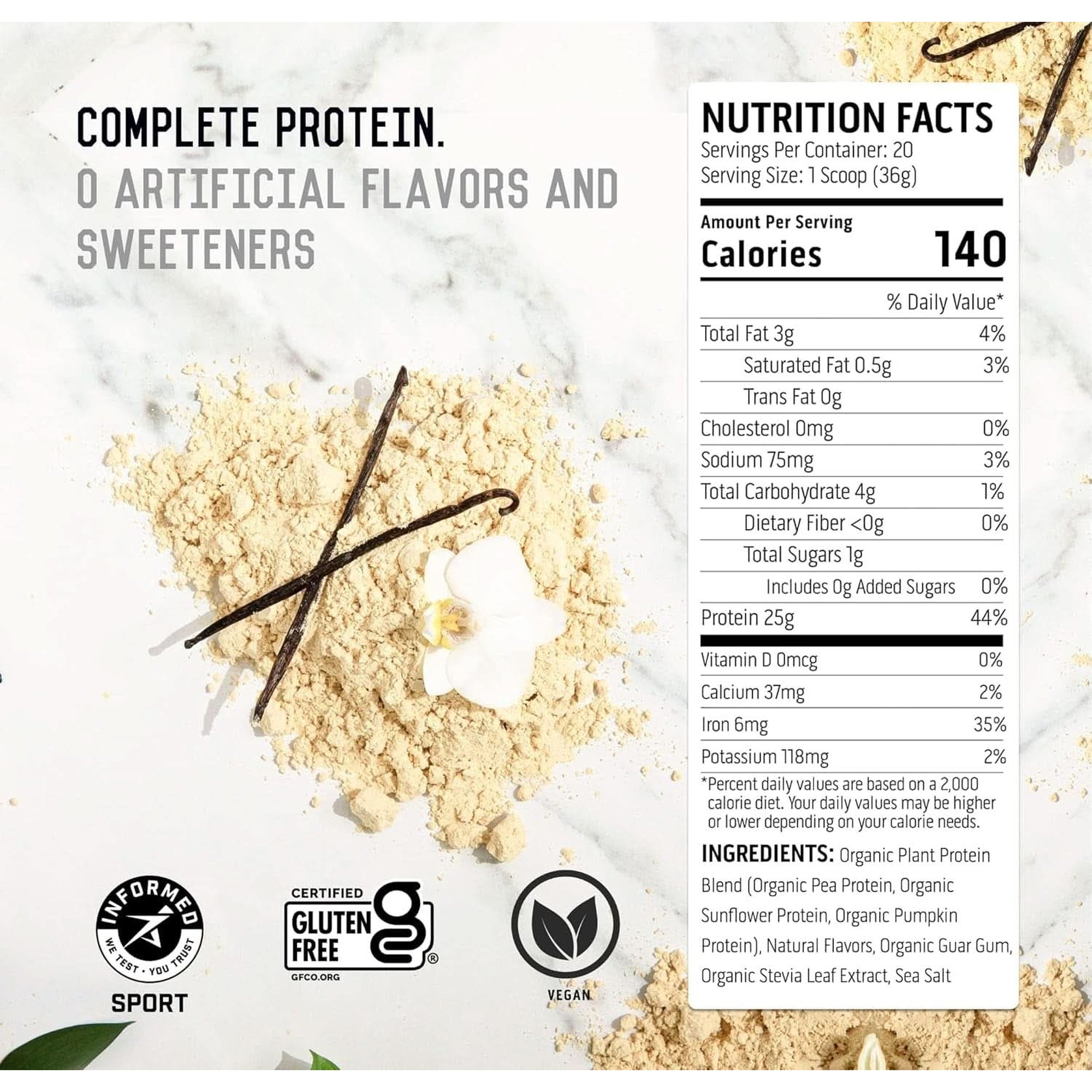 Ascent Plant Based Protein Powder - Non Dairy Vegan Protein, Zero Artificial Ingredients, Soy & Gluten Free, No Added Sugar, 4G BCAA, 2G Leucine - Vanilla, 20 Servings