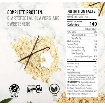 Ascent Plant Based Protein Powder - Non Dairy Vegan Protein, Zero Artificial Ingredients, Soy & Gluten Free, No Added Sugar, 4G BCAA, 2G Leucine - Vanilla, 20 Servings