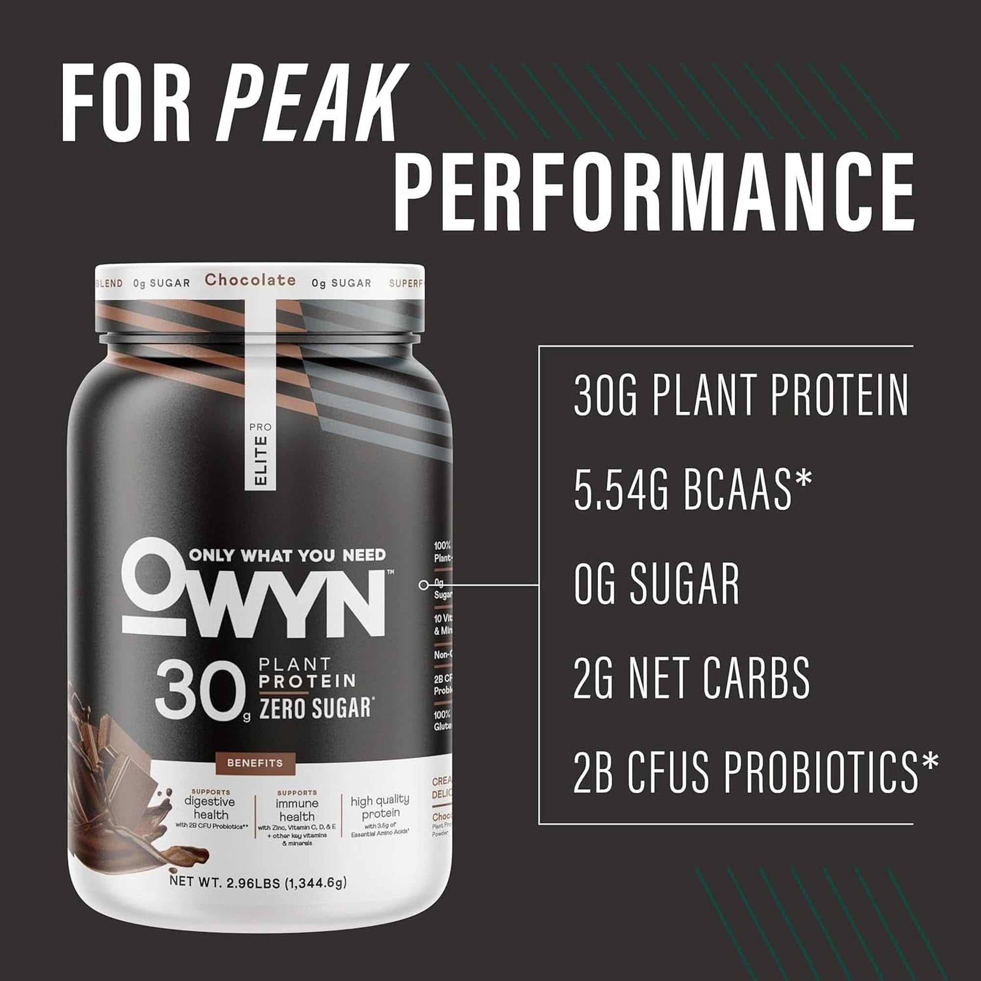 OWYN Only What You Need Pro Elite Vegan 30G Plant-Based High Protein Powder, Zero Sugar (Dark Chocolate, 2.9 Lbs)