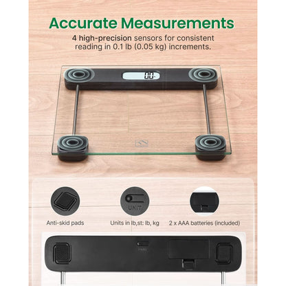 FITINDEX Bathroom Scale for Body Weight, Highly Accurate Digital Weighing Scale with Large LCD Display, Transparent and Slim Tempered Glass, 400 Lbs, Black