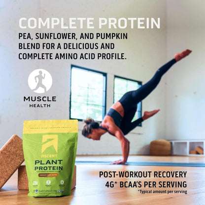 Ascent Plant Based Protein Powder - Non Dairy Vegan Protein, Zero Artificial Ingredients, Soy & Gluten Free, No Added Sugar, 4G BCAA, 2G Leucine - Vanilla, 20 Servings