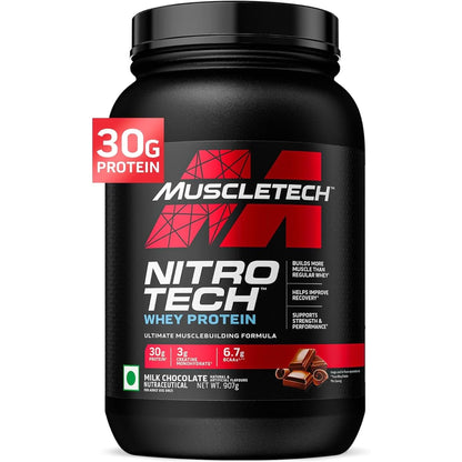 Muscletech Whey Protein Powder (Strawberry, 4 Pound) - Nitro-Tech Muscle Building Formula with Whey Protein Isolate & Peptides - 30G of Protein, 3G of Creatine & 6.6G of BCAA