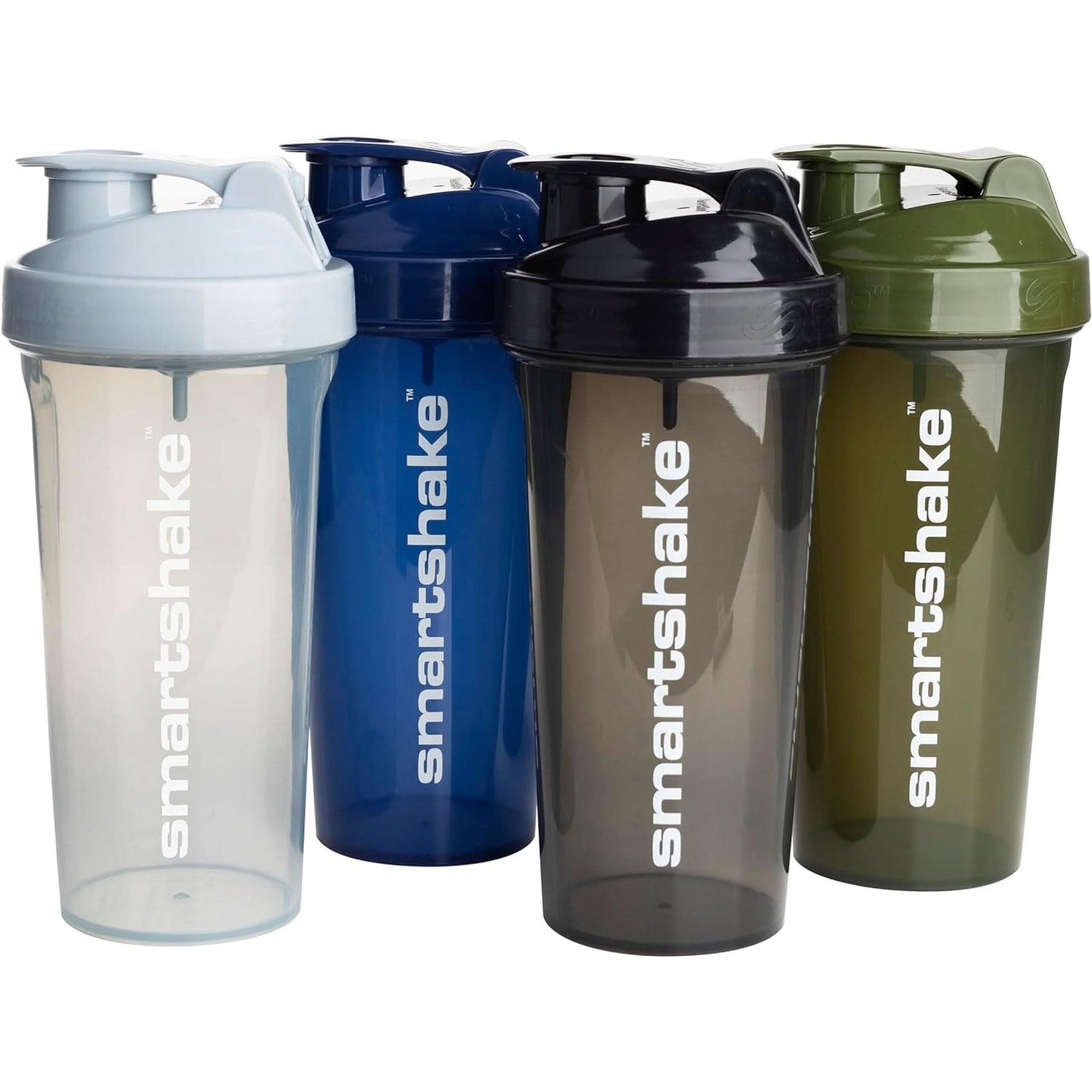 Smartshake O2GO ONE 4-Pack Protein Shaker Bottle 600 Ml | 20 Oz - Storage Included - Leakproof Screw-On Lid - BPA Free – Unisex - Mist Gray, Army Green, Black, Navy Blue