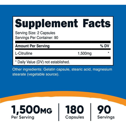 Nutricost L-Citrulline 1500Mg, 180 Capsules - 750Mg per Capsule, Gluten Free, Non-Gmo, Packaging May Vary