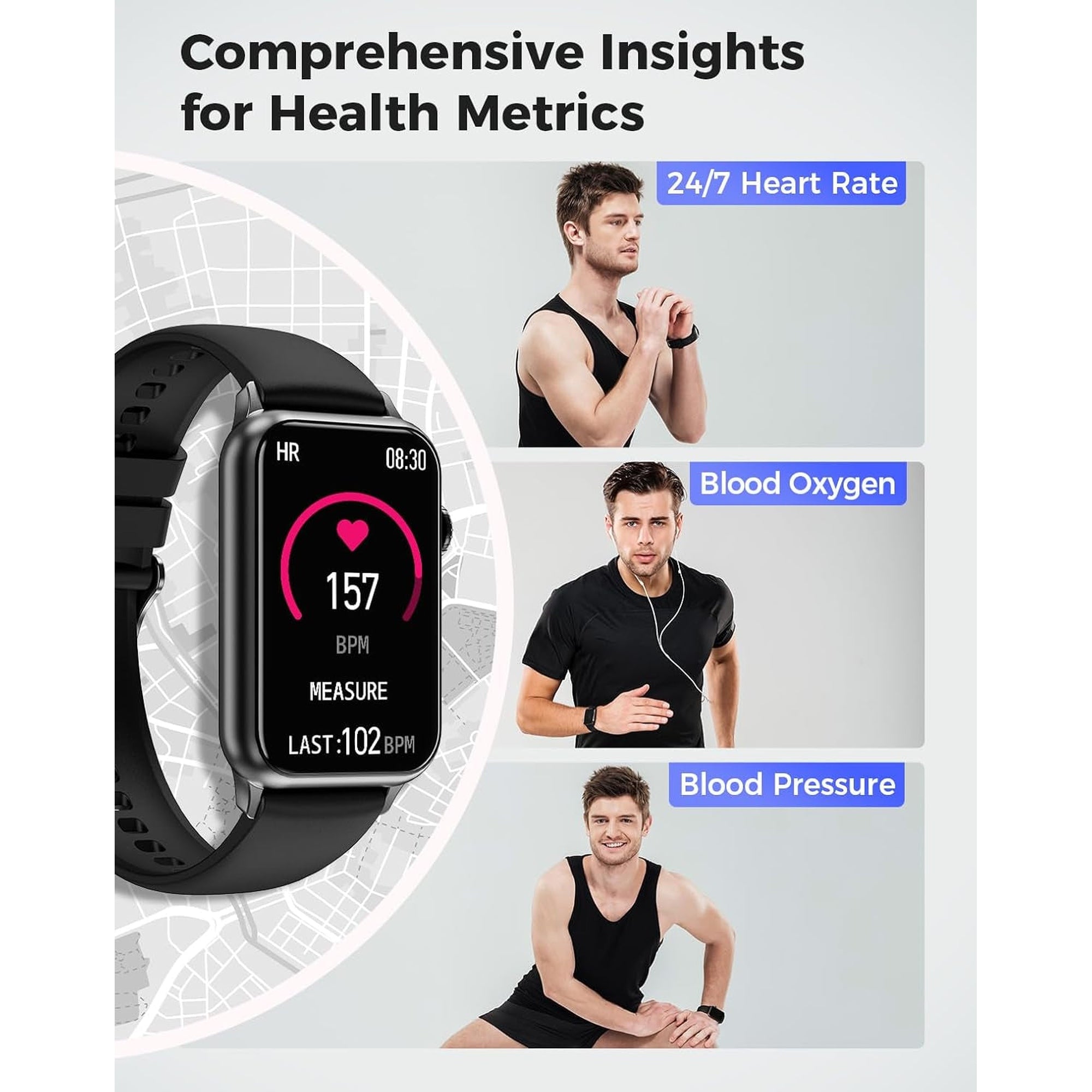 Smart Watch, Health Fitness Tracker Watch for Women Men with 24/7 Heart Rate Spo2 Blood Pressure Monitor Sleep Tracker 128 Exercise Modes Step Calorie Counter Pedometer IP68 Waterproof for Android Ios