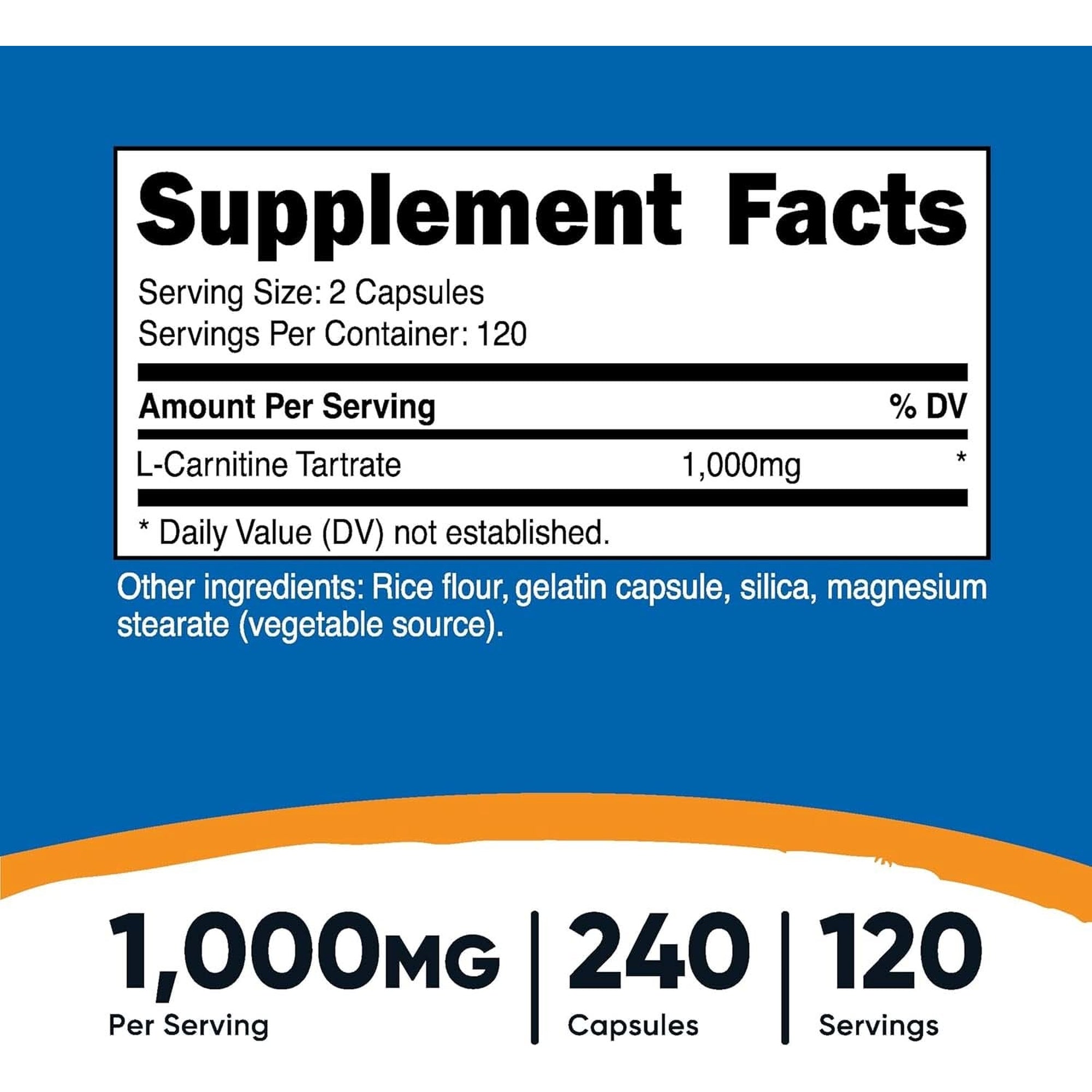 Nutricost L-Carnitine Tartrate 1,000Mg, 240 Capsules - 500Mg per Capsule, 120 Servings