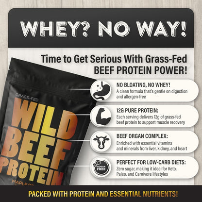 Wild Grass Fed Beef Protein Powder with Beef Organs Complex - Sugar Free Protein Shake - Low Carb & Calories - Keto/Paleo/Carnivore Friendly - Whey/Bloating/Lactose Free - Maple Pecan 10Oz