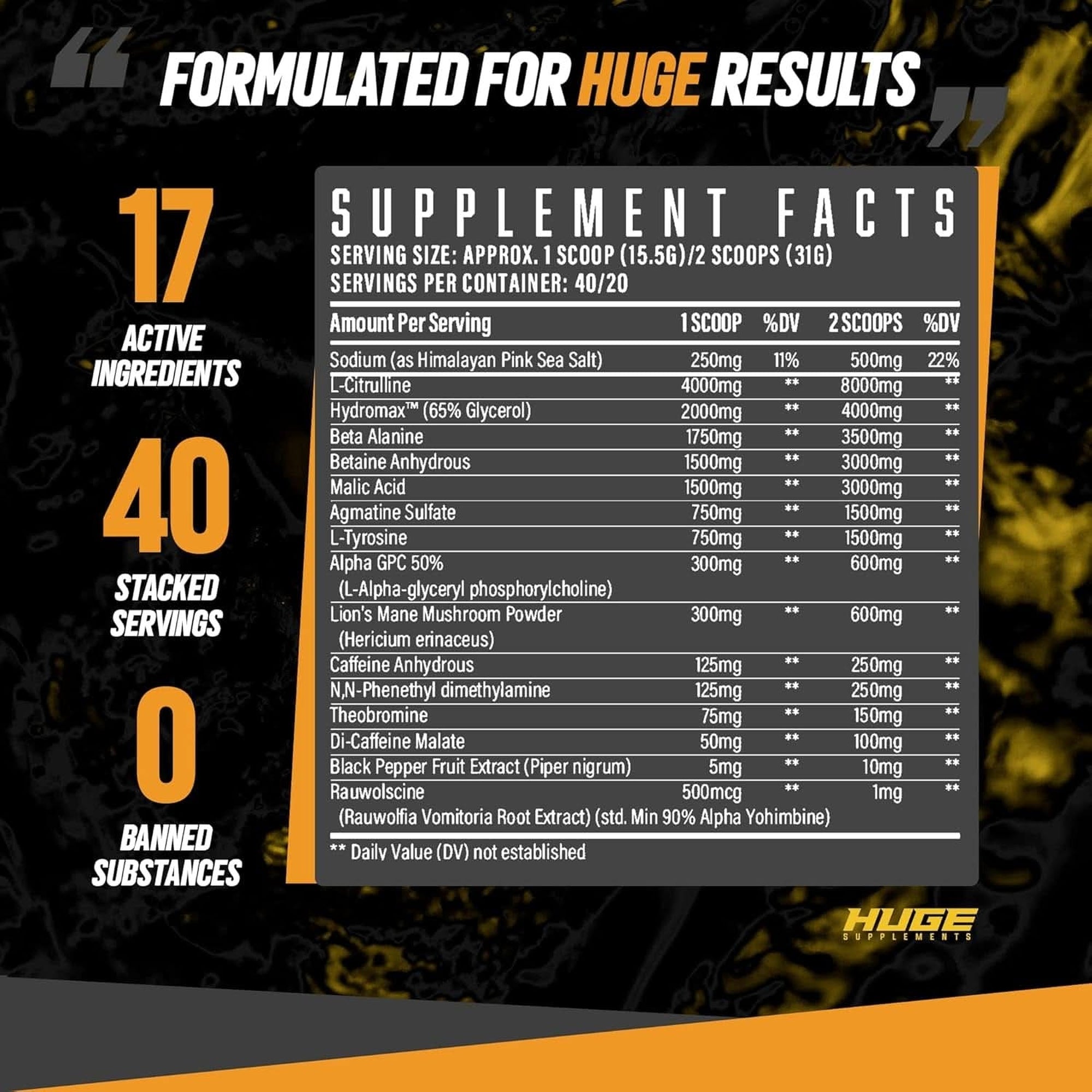 Huge Supplements Wrecked Pre-Workout Powder, 30G+ Ingredients per Serving to Boost Energy, Pumps, and Focus with L-Citrulline, Beta-Alanine, Hydromax, L-Tyrosine, and No Useless Fillers (40 Servings)