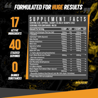 Huge Supplements Wrecked Pre-Workout Powder, 30G+ Ingredients per Serving to Boost Energy, Pumps, and Focus with L-Citrulline, Beta-Alanine, Hydromax, L-Tyrosine, and No Useless Fillers (40 Servings)