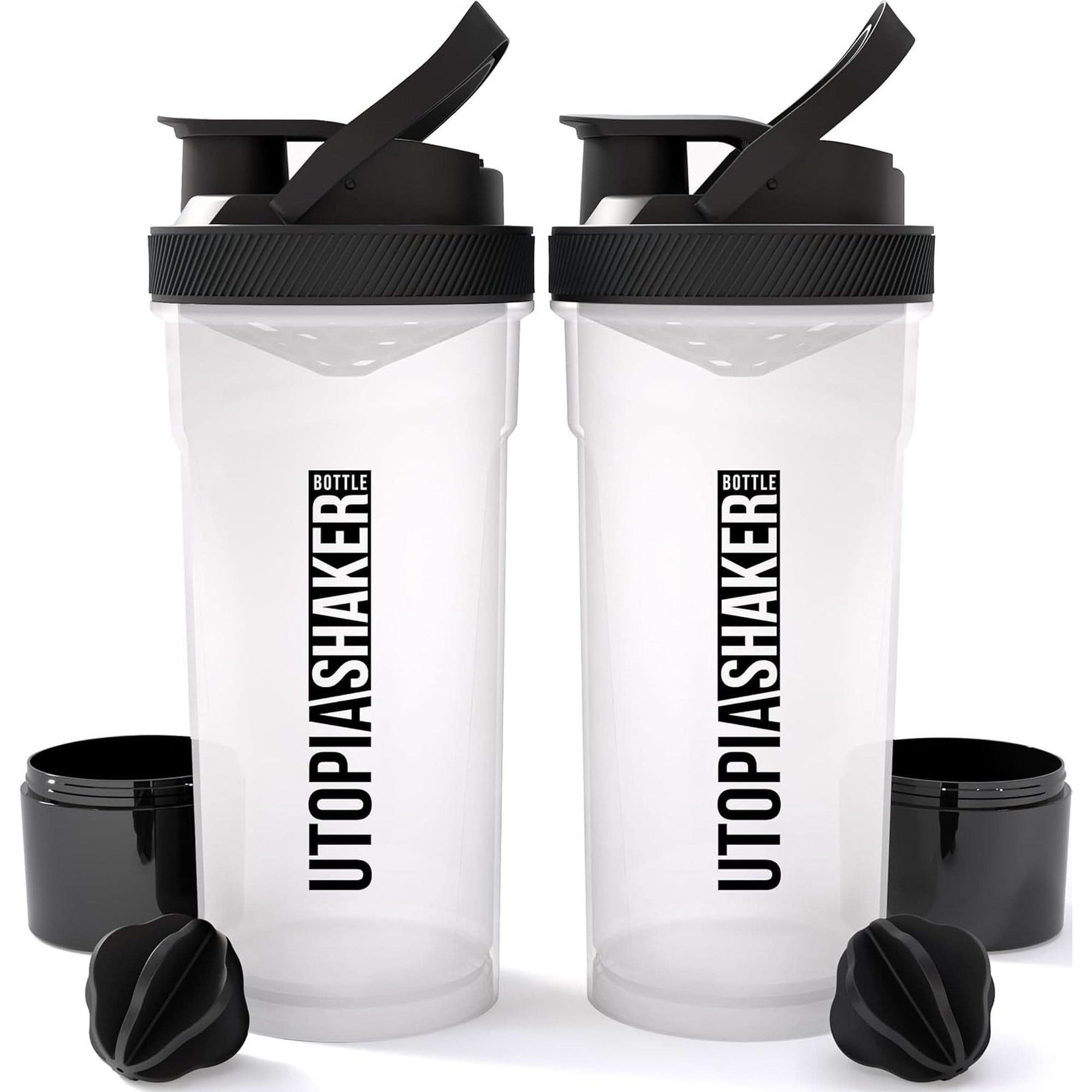 Utopia Home Shaker Bottle 2 Pack - 24 Ounce Plastic Protein or Cocktail Shaker Bottle for Pre & Post Workout with Twist & Lock Protein Box Storage All Black & Clear/Black