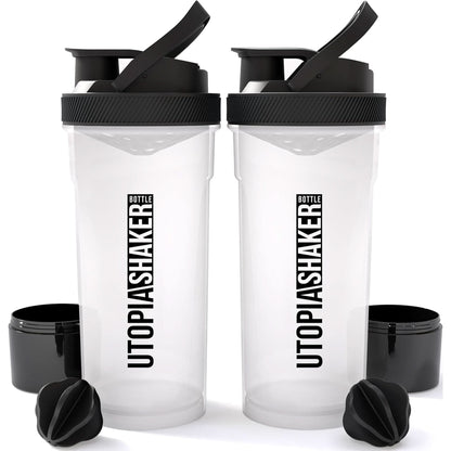 Utopia Home Shaker Bottle 2 Pack - 24 Ounce Plastic Protein or Cocktail Shaker Bottle for Pre & Post Workout with Twist & Lock Protein Box Storage All Black & Clear/Black