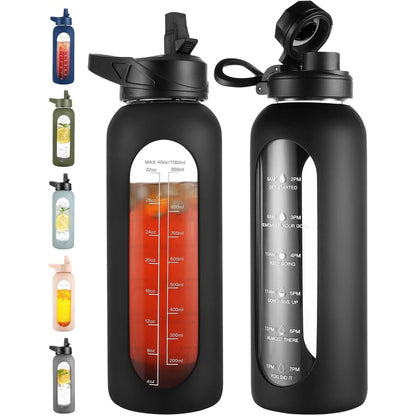 CIVAGO 32 Oz Glass Water Bottle with Straw and Handle, Large Sports Motivational Water Bottle Flask with Time Marker and 2 Lids, Leakproof Water Jug Canteen with Silicone Sleeve for Gym,Black