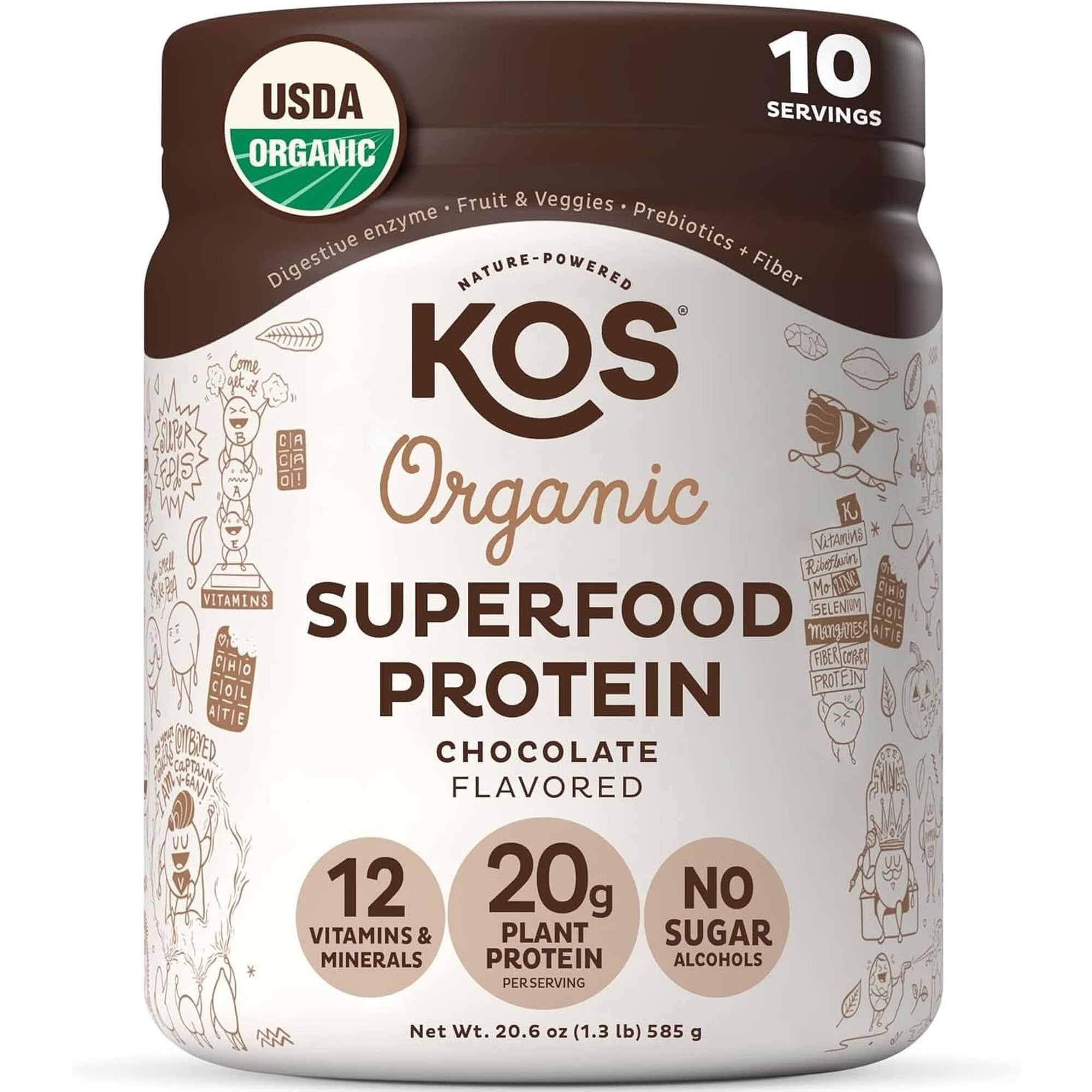 KOS Vegan Protein Powder Erythritol Free, Chocolate - Organic Pea Protein Blend, Plant Based Superfood Rich in Vitamins & Minerals - Keto, Dairy Free - Meal Replacement for Women & Men, 28 Servings