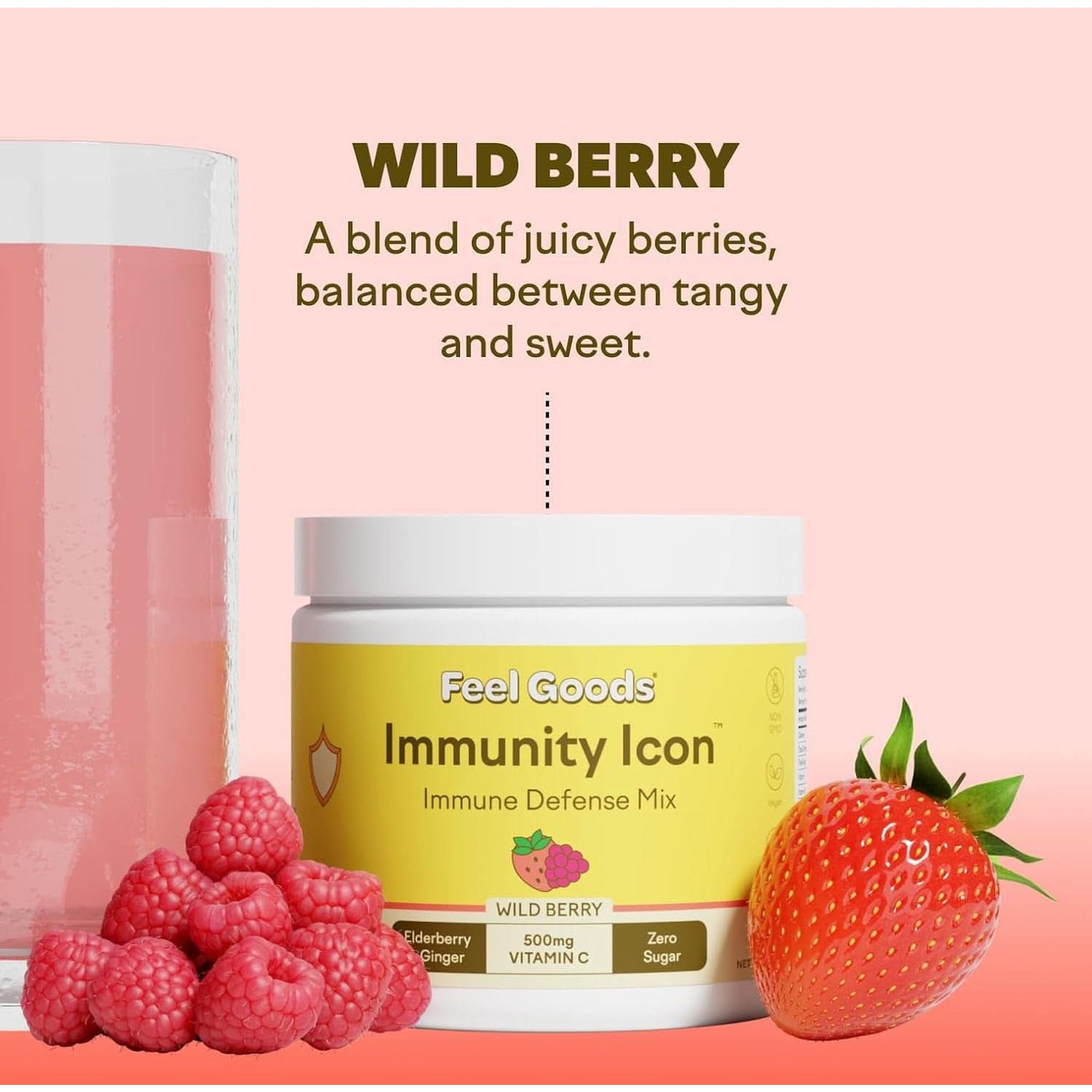 Feel Goods Immunity Icon, Zero Sugar, Vitamin C, A, B, D, E & Zinc, Organic Elderberry, Ashwagandha, Drink Mix Powder, Vegan, Non GMO, Caffeine & Gluten Free | Wild Berry, 30 Servings