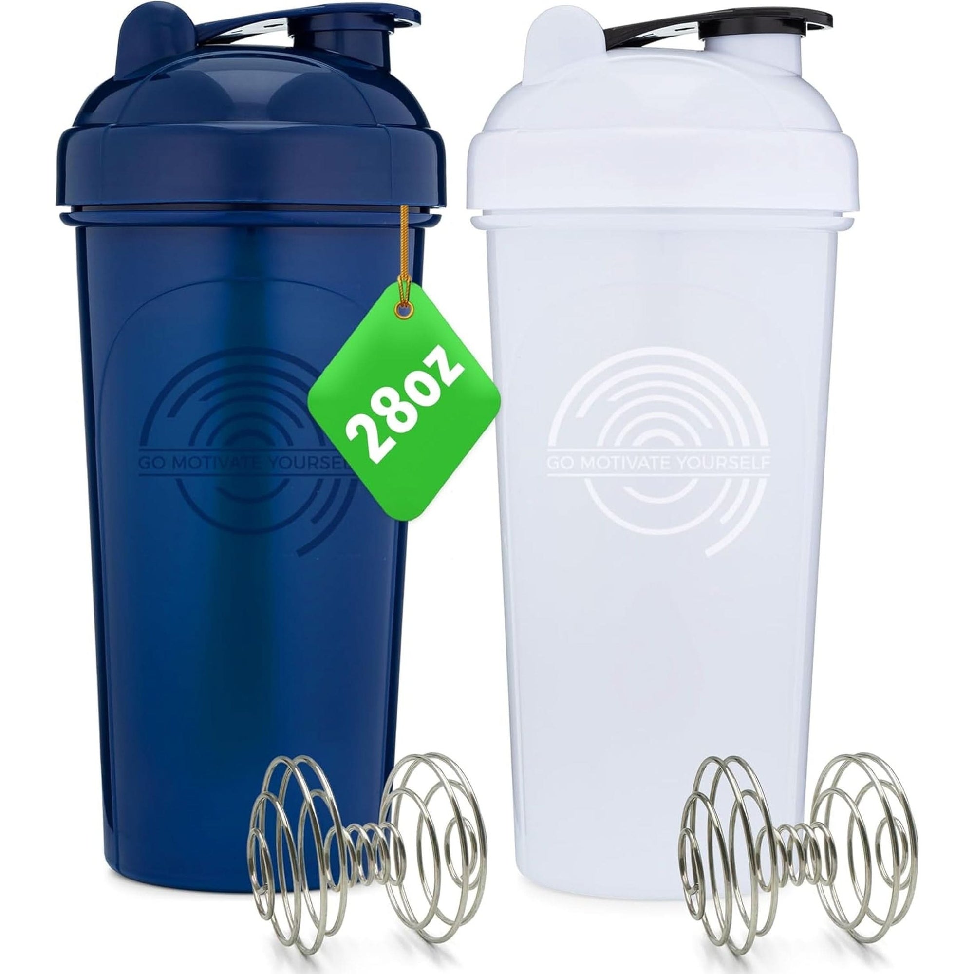 GOMOYO 2-Pack - 28-Ounce Shaker Bottle White, Black , Blender Protein Shaker Whisk, Bulk Protein Drink and Pre-Workout Shaker Cups, Dishwasher Safe & BPA Free