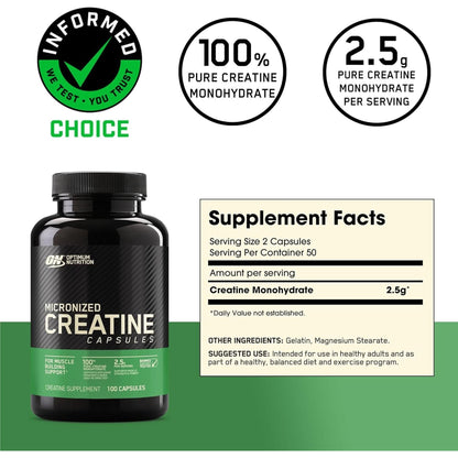 Optimum Nutrition Micronized Creatine Monohydrate Capsules, Keto Friendly, 2500Mg, 100 Capsules