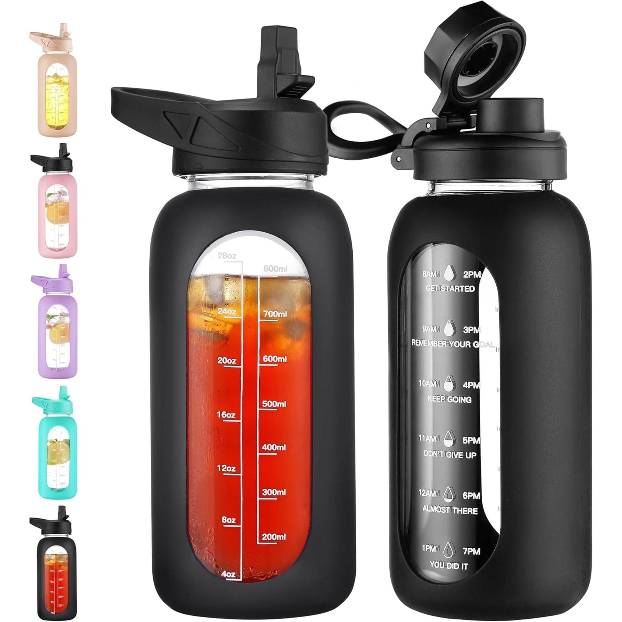 CIVAGO 32 Oz Glass Water Bottle with Straw and Handle, Large Sports Motivational Water Bottle Flask with Time Marker and 2 Lids, Leakproof Water Jug Canteen with Silicone Sleeve for Gym,Black