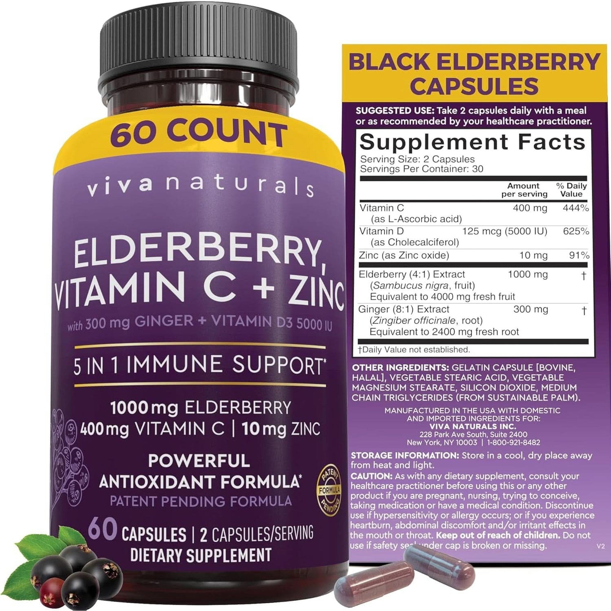 Viva Naturals Elderberry with Vitamin C and Zinc for Adults - 5 in 1 Sambucus Black Elderberry Capsules with Vitamin D3 5000 IU, Elderberries Immune Support Supplement 2 Months Supply Pills