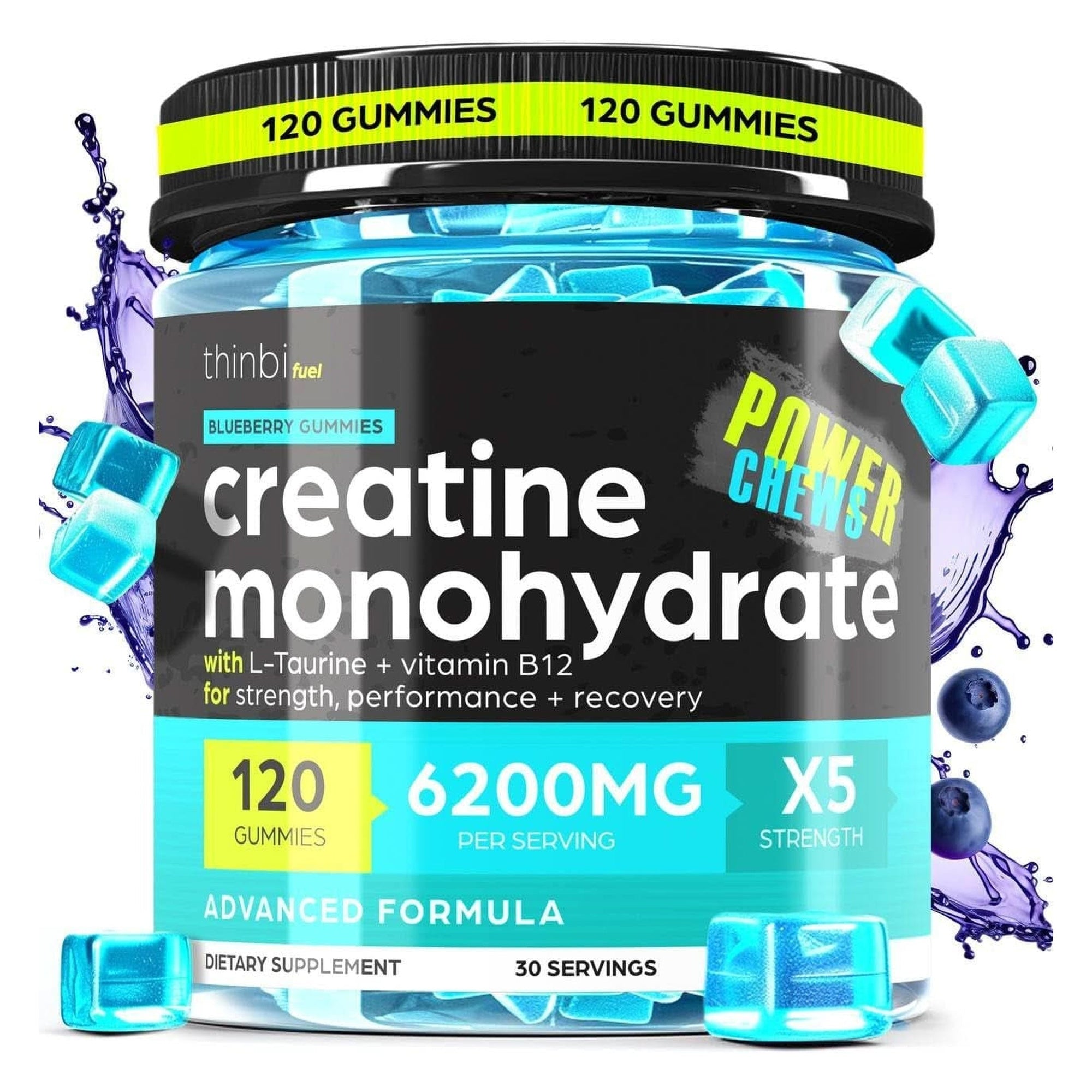 Creatine Monohydrate Gummies Complex 6200Mg for Men & Women - 120 Gummies Advanced Formula W/L-Taurine + Vitamin B12 for Muscle Strength, Muscle Builder, Energy Boost, Pre-Workout Supplement - Thinbi