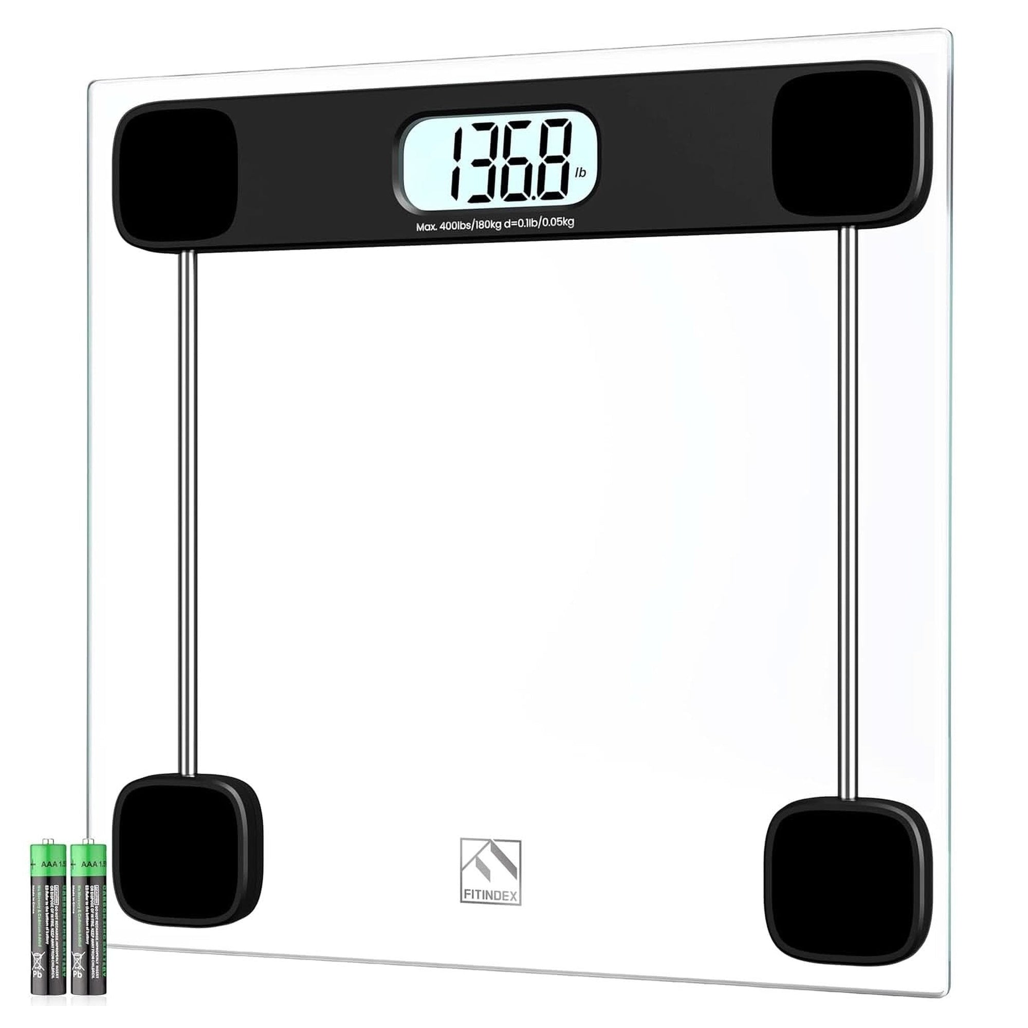 FITINDEX Bathroom Scale for Body Weight, Highly Accurate Digital Weighing Scale with Large LCD Display, Transparent and Slim Tempered Glass, 400 Lbs, Black