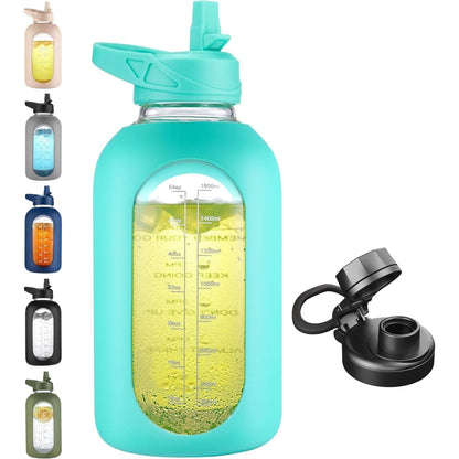 CIVAGO 32 Oz Glass Water Bottle with Straw and Handle, Large Sports Motivational Water Bottle Flask with Time Marker and 2 Lids, Leakproof Water Jug Canteen with Silicone Sleeve for Gym,Black