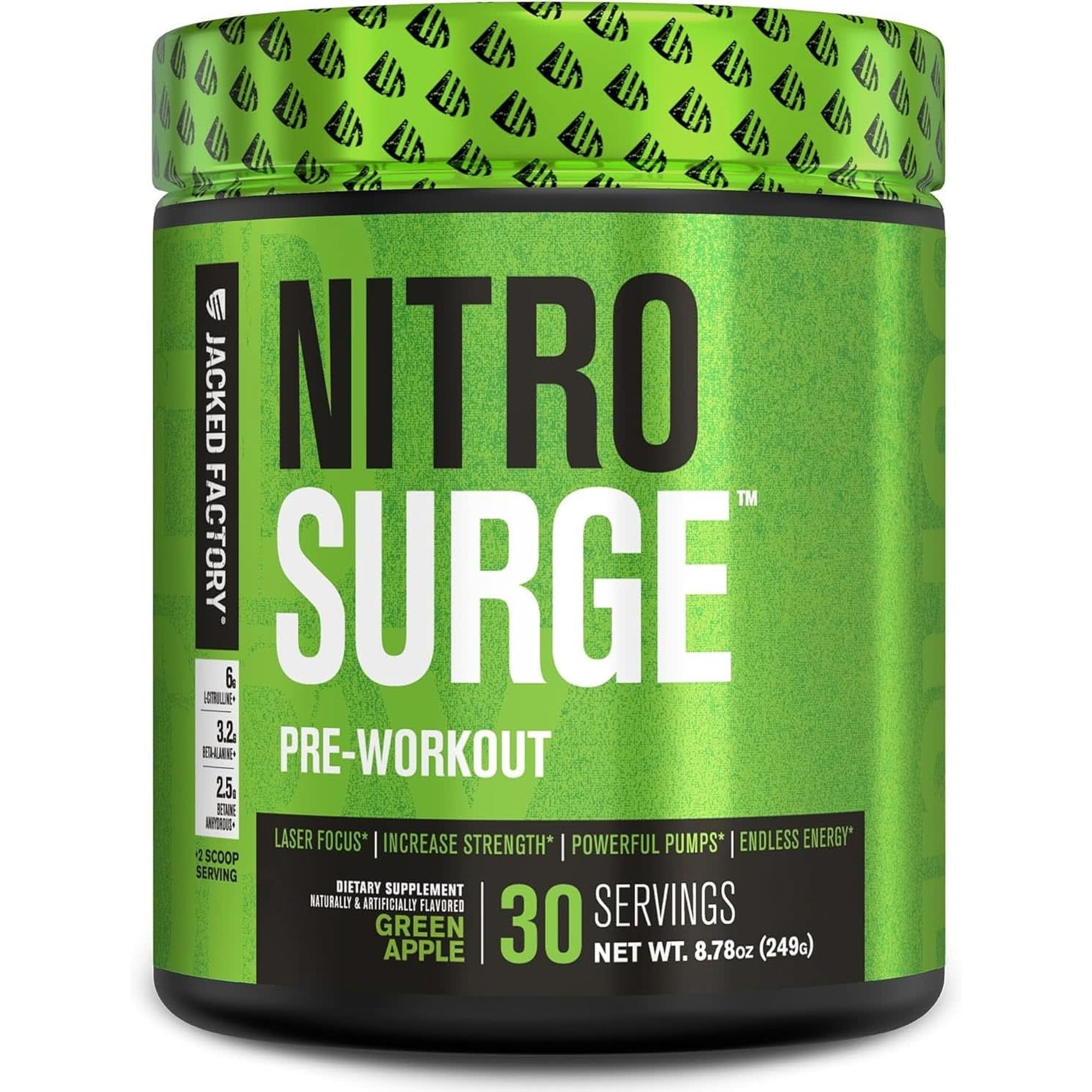 Jacked Factory NITROSURGE Pre Workout Supplement - Endless Energy, Instant Strength Gains, Clear Focus, Intense Pumps - NO Booster & Powerful Preworkout Energy Powder - 30 Servings, Arctic White